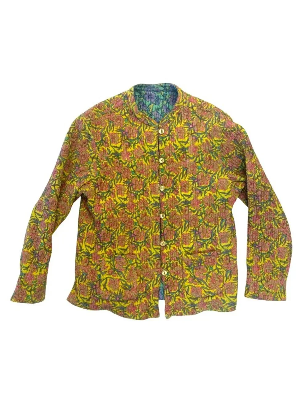 Anu by Natural Reversible Quilted Floral Jacket Yellow Blue Button Artisan